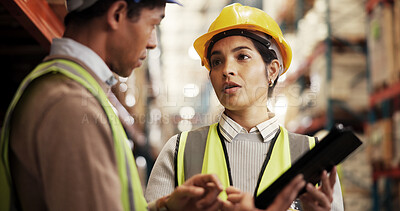 Buy stock photo Warehouse, logistics and business people with tablet for discussion, stock management and inspection. Teamwork, employees and supervisor with tech for supply chain, online checklist and distribution