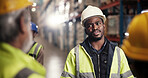Logistics, colleagues and discussion for stock in warehouse, quality assurance and collaboration for team. Factory, business people and employees with conversation for distribution and supply chain