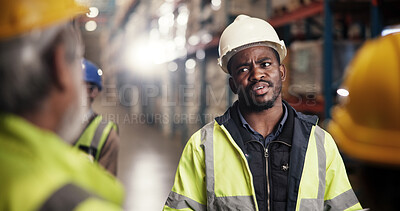 Buy stock photo Logistics, colleagues and discussion for stock in warehouse, quality assurance and collaboration for team. Factory, business people and employees with conversation for distribution and supply chain