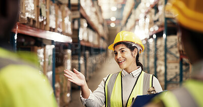 Buy stock photo Logistics, woman and team meeting with clipboard for warehouse training, service delivery and stock workflow. Planning, supervisor and staff briefing for safety compliance and inventory management