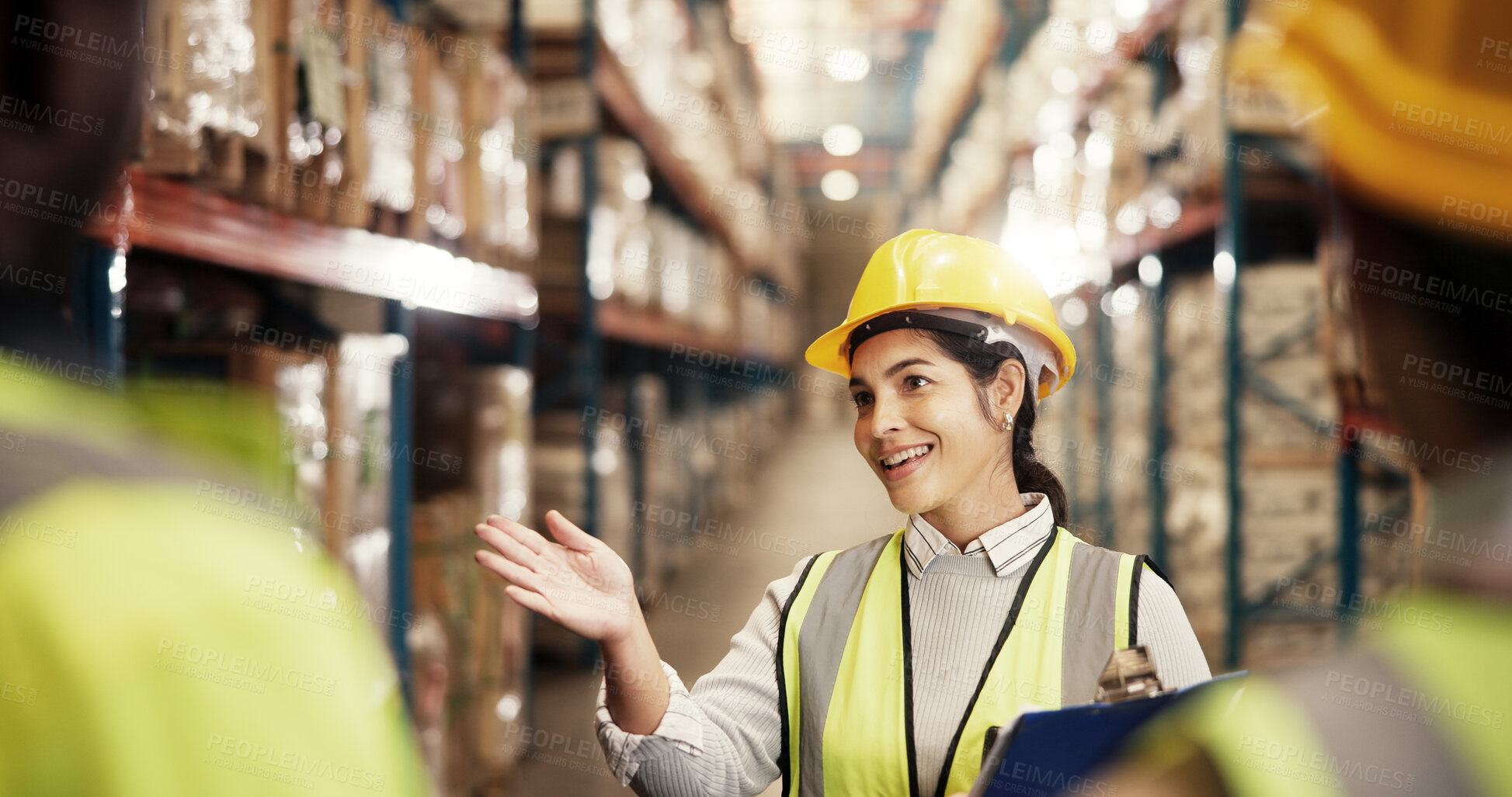 Buy stock photo Logistics, woman and team meeting with clipboard for warehouse training, service delivery and stock workflow. Planning, supervisor and staff briefing for safety compliance and inventory management