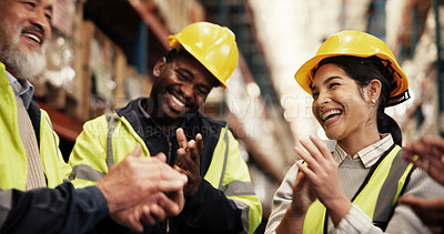 Buy stock photo Men, woman and applause warehouse, logistics and smile with support, success and celebration for achievement. Group, engineer and team with goals, thank you and praise with shipping at storage plant