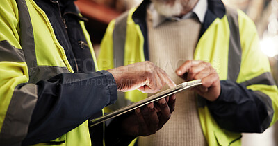 Buy stock photo Logistics, distribution and hands with tablet in warehouse for stock inspection, freight delivery or order website. Supply chain, people and digital checklist for inventory backlog or quality control