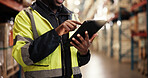 Hands, tablet and inventory at warehouse, logistics and update shipping schedule for export delivery. Person, engineer and digital touchscreen on app for freight, storage or stock at industrial plant