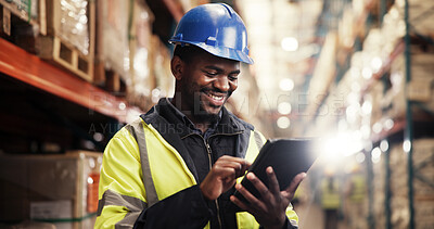 Buy stock photo Distribution, shipping and black man in warehouse, tablet and logistics with quality control. African person, employee and inspector with inventory, supply chain or check stock with manufacturing