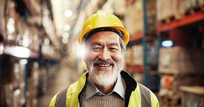 Buy stock photo Mature, man and portrait in warehouse with logistics, confidence and supply chain distribution. Export, commerce and person at cargo storage factory with smile, pride or management in global service