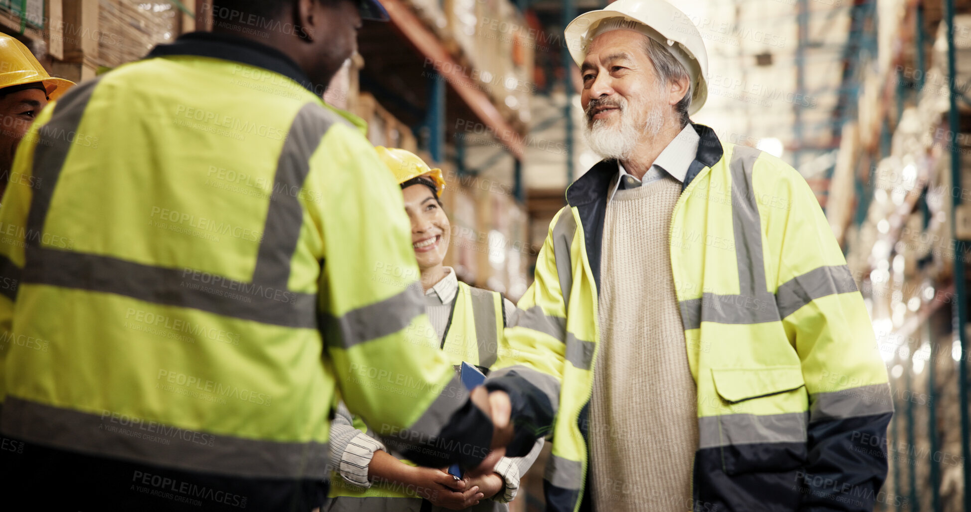Buy stock photo Men, handshake and happy at warehouse, distribution or together with team for retirement, celebration or farewell. People, shaking hands and smile with kindness, respect or thanks at industrial plant