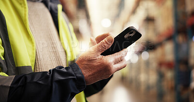 Buy stock photo Hands, phone and contact at warehouse, logistics and update shipping schedule for export delivery. Person, engineer and smartphone with mobile app for freight, storage and stock at industrial plant