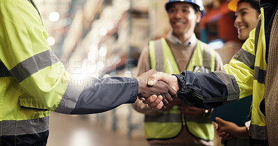 Buy stock photo Shaking hands, deal and team at warehouse, logistics or congratulations for target, sales or distribution. People, handshake and group with support, smile or motivation for promotion at storage plant
