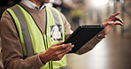 Hands, tablet and distribution at warehouse, logistics or check schedule for export delivery. Person, engineer and digital touchscreen on application for freight, storage or point at industrial plant
