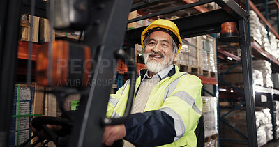 Buy stock photo Factory, logistics and man in portrait with forklift, supply chain and shipping for distribution. Warehouse, mature person and worker with machine for driving, delivery and manufacturing with smile