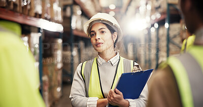 Buy stock photo Logistics, colleagues and woman with clipboard in warehouse, teamwork and discussion for quality assurance. Collaboration, employees and people with checklist for stock, supply chain and distribution