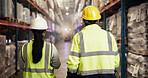 Logistics, distribution and people with inspection in warehouse for stock management, supply chain or export. Back, worker and team in storage for cargo delivery, quality control and freight shipping
