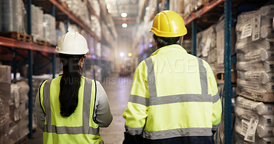 Buy stock photo Logistics, distribution and people with inspection in warehouse for stock management, supply chain or export. Back, worker and team in storage for cargo delivery, quality control and freight shipping