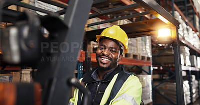 Buy stock photo Warehouse, logistics and black man in portrait with forklift, supply chain or shipping for distribution. Factory, male person and worker with machine for driving, delivery or manufacturing with smile