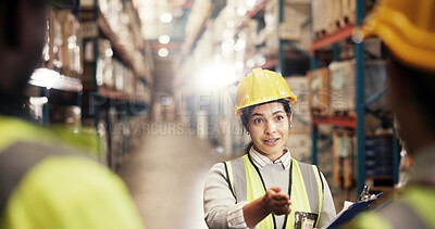 Buy stock photo Logistics, people and woman with clipboard in meeting for supply chain training, service delivery and cargo instructions. Supervisor, warehouse and staff briefing for shipping or inventory management
