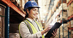 Tablet, stock and woman in warehouse with logistics, inventory management or distribution. Global, commerce and person at cargo storage factory on digital app for search, checklist or export shipping