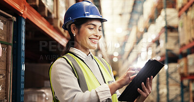 Buy stock photo Tablet, stock and woman in warehouse with logistics, inventory management or distribution. Global, commerce and person at cargo storage factory on digital app for search, checklist or export shipping