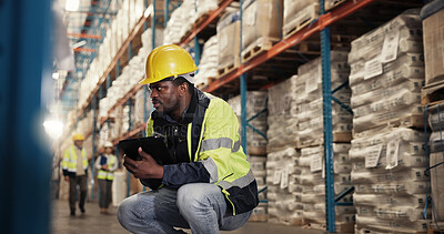Buy stock photo Distribution, storage and man in warehouse, tablet and logistics with quality control. People, employee and inspector in factory, export or check stock with manufacturing, supply chain and industry