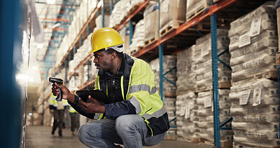 Buy stock photo Scanner, distribution and man with storage, tablet and logistics with supply chain. People, employees or inspector in factory, machine for inventory or check stock with manufacturing, price or import