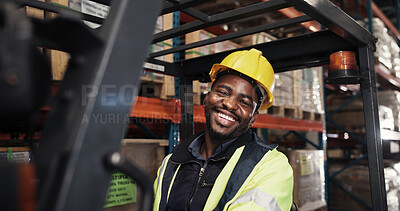 Buy stock photo Warehouse, portrait and black man with forklift for logistics, supply chain or shipping for distribution. Factory, male person or worker with machine for driving, delivery or manufacturing with smile