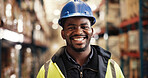 Happy, black man and portrait in warehouse with logistics, confidence and shipping distribution. Export, commerce and person at cargo storage factory with smile, pride or management in global service