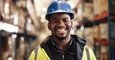 Buy stock photo Happy, black man and portrait in warehouse with logistics, confidence and shipping distribution. Export, commerce and person at cargo storage factory with smile, pride or management in global service