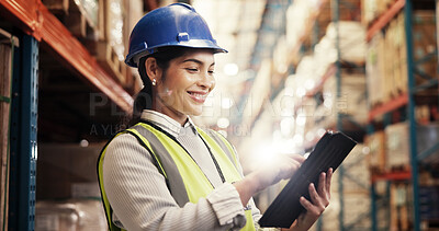 Buy stock photo Tablet, stock and woman in factory with logistics, inventory management or distribution. Global, commerce and person at cargo storage warehouse on digital app for search, checklist or export shipping