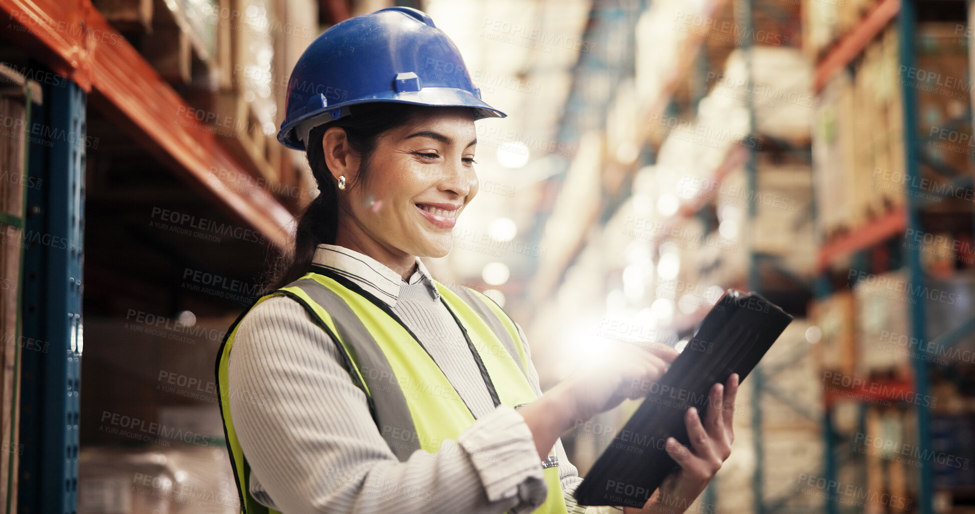 Buy stock photo Tablet, stock and woman in factory with logistics, inventory management or distribution. Global, commerce and person at cargo storage warehouse on digital app for search, checklist or export shipping