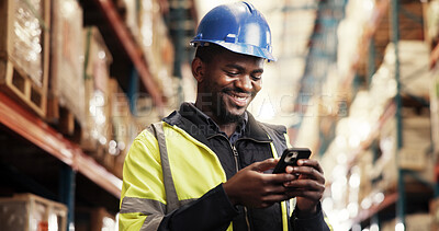 Buy stock photo Logistics, smile and black man in warehouse, cellphone or connection with schedule review. African person, social media or employee in supply chain, smartphone or digital app for email or message