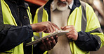 Logistics, hands and people with tablet in warehouse for inventory inspection, online checklist and order website. Supply chain, team and digital app for stock control, cargo distribution or shipping