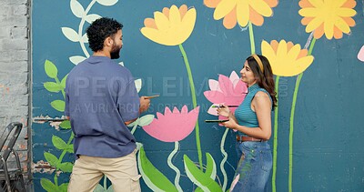 Buy stock photo Couple, painting and creative wall with art project, mural design and advice for renovation process. Happy, people and artist with hobby of community improvement, diy decoration and flowers aesthetic
