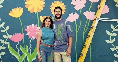 Buy stock photo Mural, happy and portrait of couple by wall for painting, creative project and decoration outdoors. Art, smile and man and woman hug with inspiration for flowers, aesthetic and DIY design together