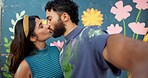 Kiss, wall and selfie of couple with painting for art, decoration and creative project. Love, bonding and photo of man and woman with mural for profile picture, social media and memory with graffiti
