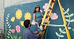 Smile, couple and painting wall for art project, mural design and helping with creative development. Happy, people and ladder with artist for community renovation, diy decoration and flower aesthetic