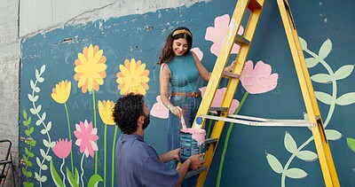 Buy stock photo Smile, couple and painting wall for art project, mural design and helping with creative development. Happy, people and ladder with artist for community renovation, diy decoration and flower aesthetic