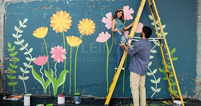 Buy stock photo Ladder, couple or painting of creative wall for art project, mural design or helping for improvement. Happy, people and artist with smile for community renovation, DIY decoration and flower aesthetic