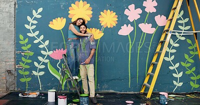Buy stock photo Painting, ladder and portrait of couple by wall for art project, creative design and decoration outdoors. Happy, smile and man and woman hug with inspiration for flowers, aesthetic and DIY renovation