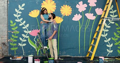 Buy stock photo Happy, love and couple by wall for painting, creative project and decoration outdoors. Mural, smile and man and woman hug with inspiration for flowers, art aesthetic and DIY design at ladder