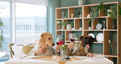 Buy stock photo Date, cheers and wine of dogs in restaurant for dinner service, romance and animal loyalty. Fine dining, celebration and relationship with couple and toast for pet friendly drink, love and bonding