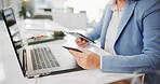 Phone, credit card and hands of business woman with internet, payment or ecommerce on laptop. Online, loan and corporate professional or customer with rewards for purchase or procurement on website
