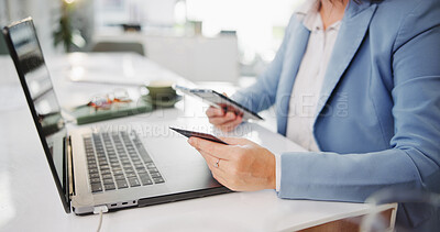 Buy stock photo Phone, credit card and hands of business woman with internet, payment or ecommerce on laptop. Online, loan and corporate professional or customer with rewards for purchase or procurement on website