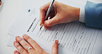 Hands, document and writing with retirement at office for identity, compliance or application at insurance agency. Person, paperwork and legal agreement for saving, investment and sign for pension