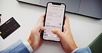 Phone screen, business person and hands by credit card for online shopping at desk with payment discount. Pov, technology and valentines promo code for deal, checkout and ux with internet at work