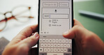 Hands, person and phone screen for travel app, itinerary or car rental in office. Display, mobile and typing closeup for holiday checklist, planning trip or booking flight for destination to New York