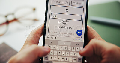 Buy stock photo Hands, travel and phone screen for booking flight, itinerary or car rental app in office. Display, mobile and person typing holiday checklist, planning trip or location search for destination closeup