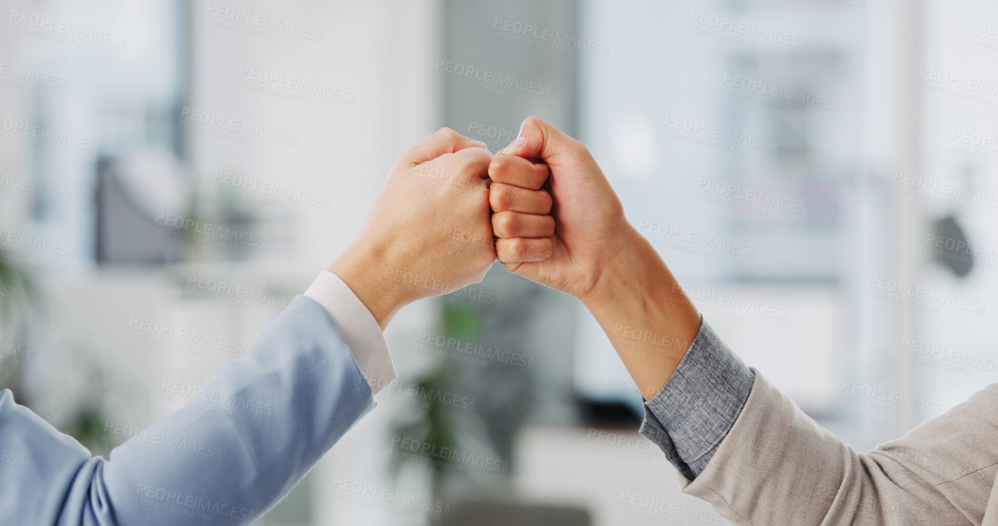Buy stock photo Celebration, hands and business people in office with fist bump for partnership or collaboration. Teamwork, professional and financial advisors with agreement gesture for investment approval.