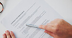 Hands, document and employee contract in office at HR agency with compliance, info and closeup. Person, paperwork and legal agreement for job opportunity, hiring and onboarding with law at company