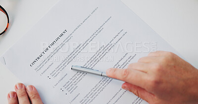 Buy stock photo Hands, document and employee contract in office at HR agency with compliance, info and closeup. Person, paperwork and legal agreement for job opportunity, hiring and onboarding with law at company