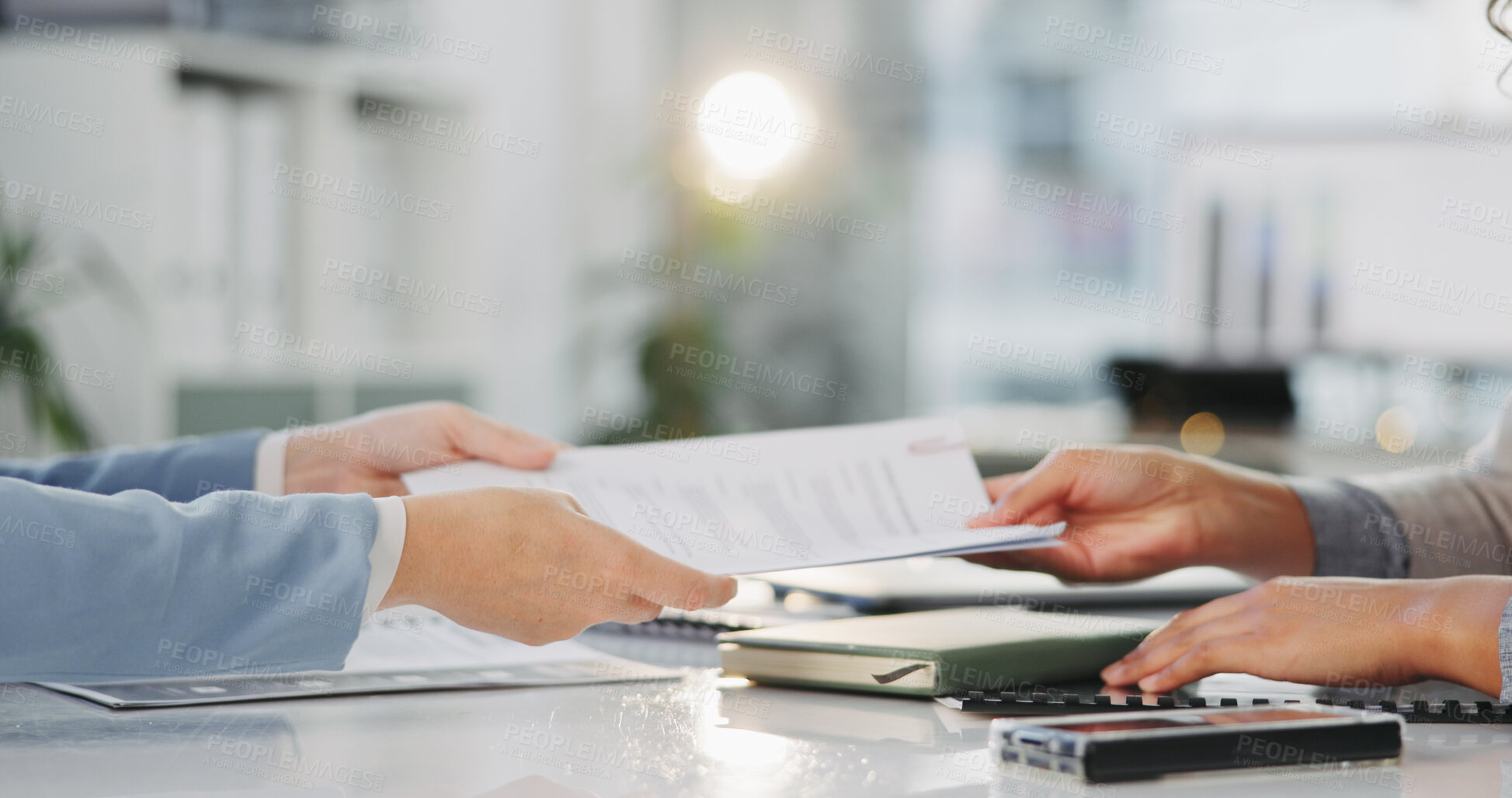 Buy stock photo Meeting, hands and business people with contract in office for interview, documents or negotiation. Terms, conditions and discussion with registration, form and consulting agreement or proposal